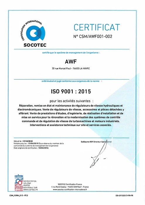 Certificat AWF ISO 9001 Norme 2015 décerné en 2018